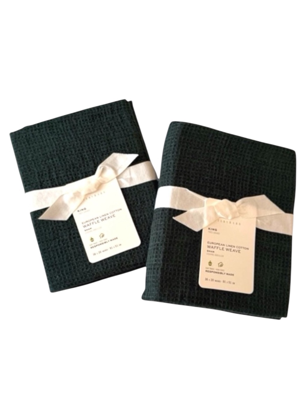 2 Pottery Barn European Linen Cotton WAFFLE WEAVE KING Shams Pine Dark Green NWT